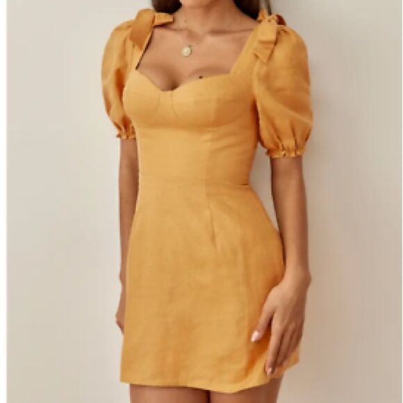 Reformation Spring Bow Linen Dress 2 - Mustard Yellow / Orchid - Picture 2 of 8